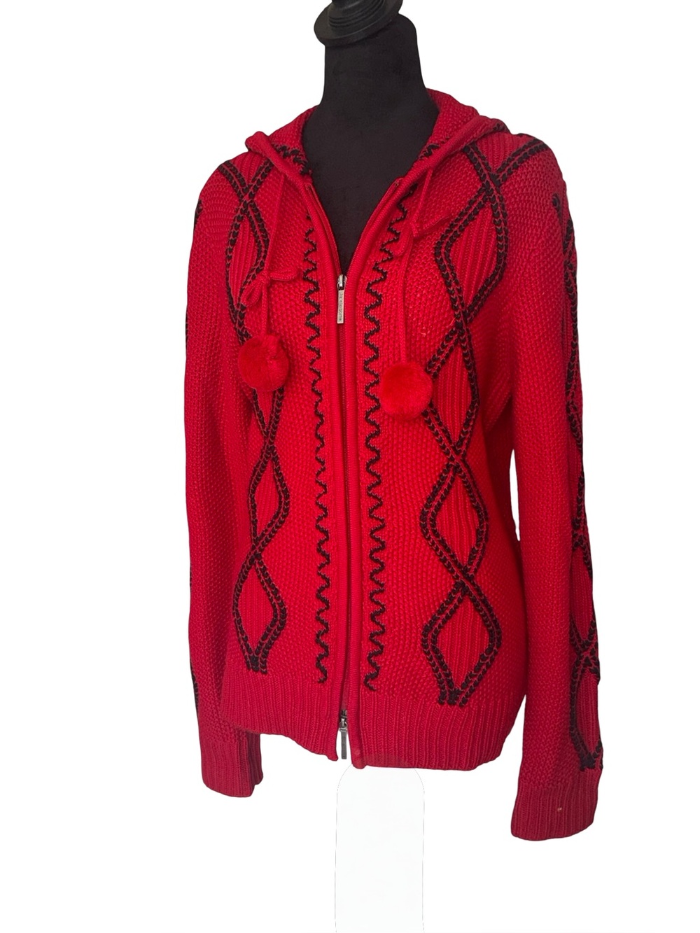 Y2K Liz Claiborne Red Knit Hooded Zip Up Sweater Pom Pom Black Stitching